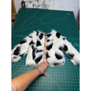 Fashion Kids Cow Print Faux Fur Jacket Black White Shaggy Coat Size 110